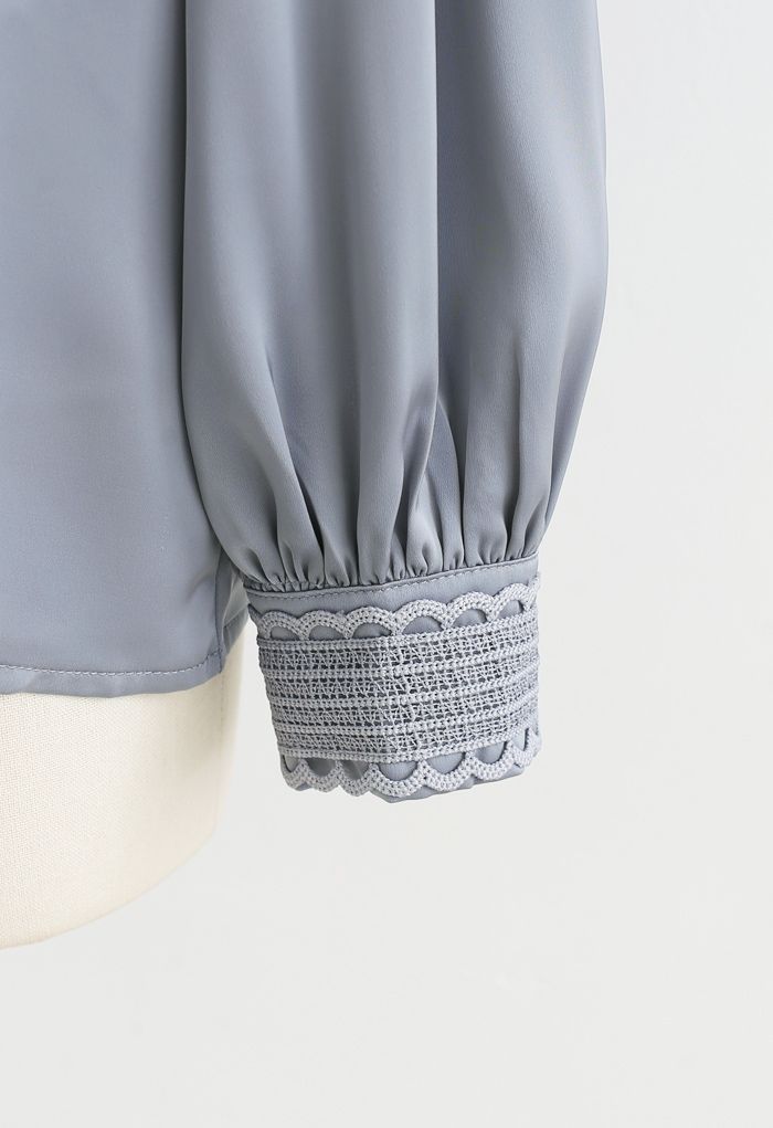 Satin Pearl Crochet Mock Neck Top in Grey - Retro, Indie and Unique Fashion