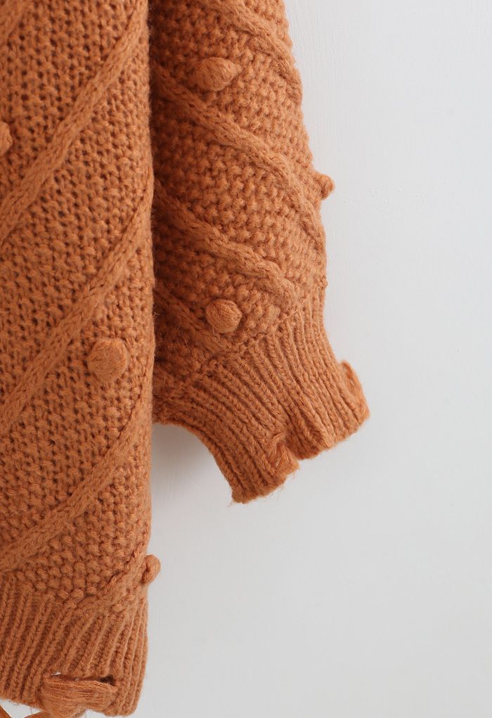 Raw Hem Pom-Pom Oversize Knit Sweater in Orange
