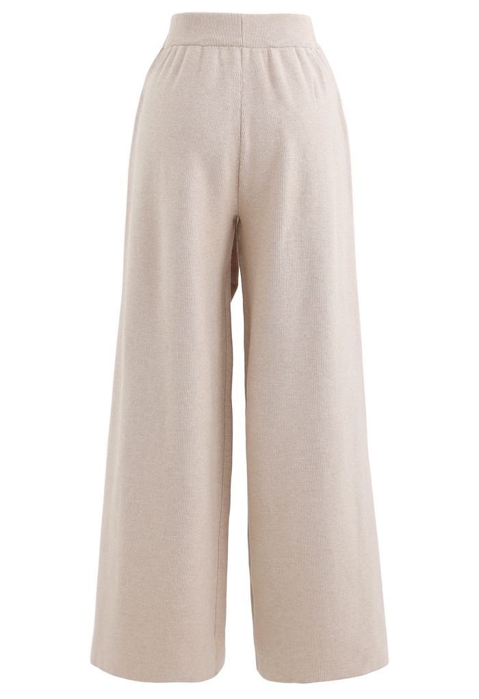 Self-Tie Waist Knit Wide-Leg Pants in Tan - Retro, Indie and Unique Fashion