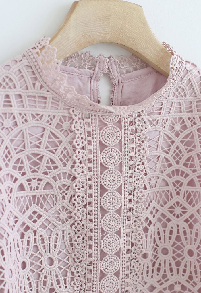 Panelled Full Crochet Sleeves Top in Pink - Retro, Indie and Unique Fashion