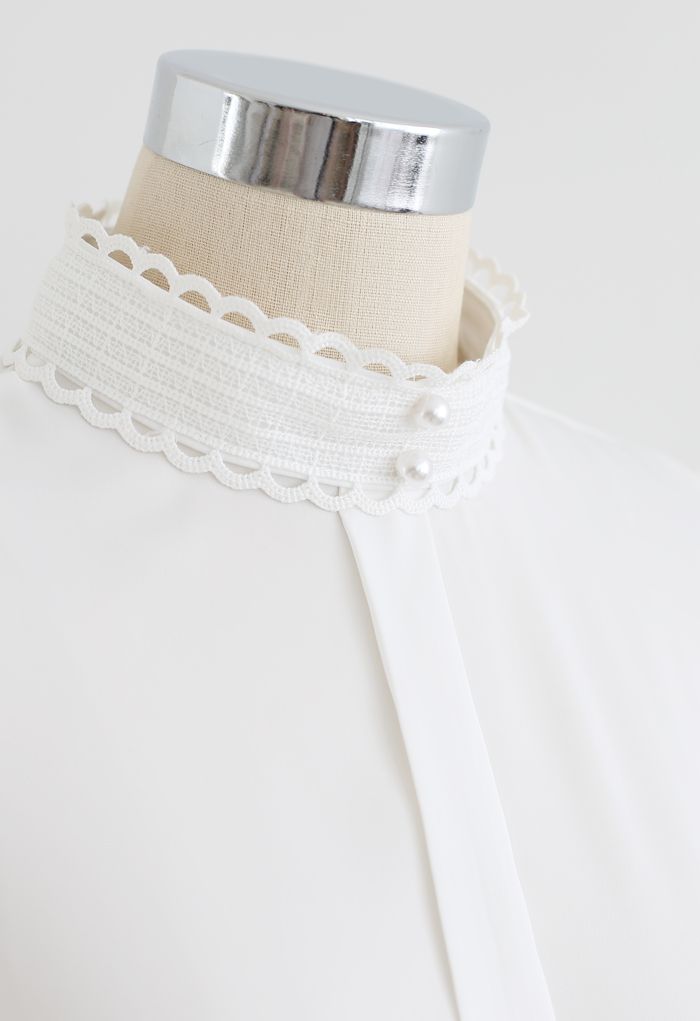 Satin Pearl Crochet Mock Neck Top in White