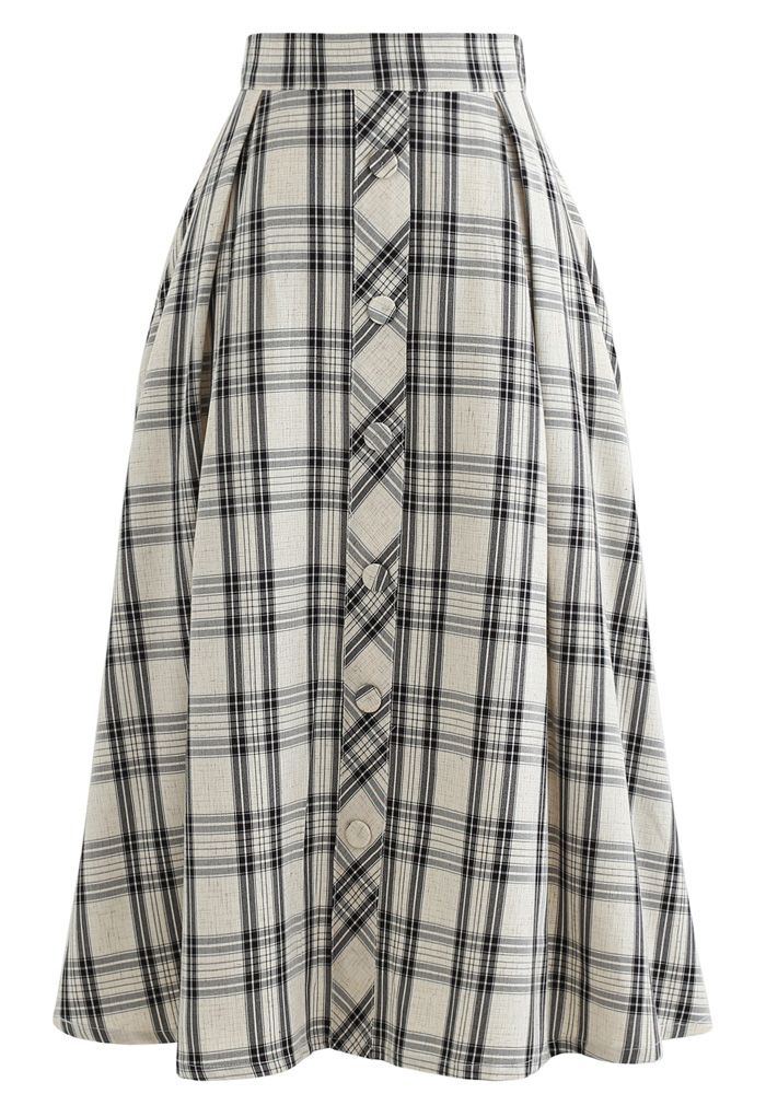 Black Check Button Trim Pleated Skirt - Retro, Indie and Unique Fashion