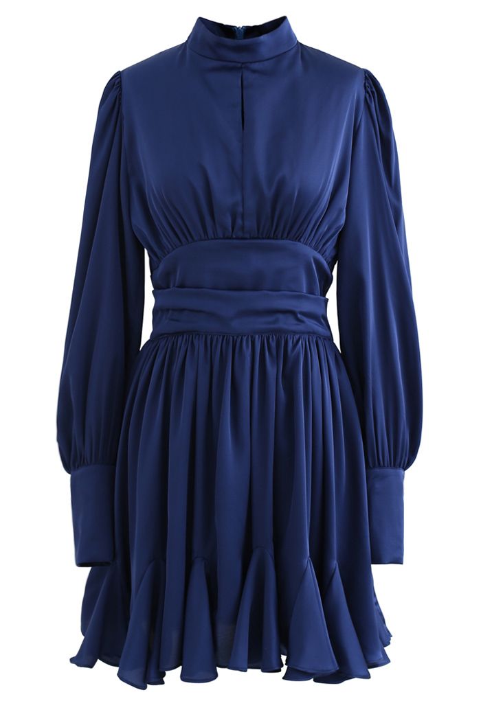High Neck Puff Sleeves Satin Ruffle Dress in Navy - Retro, Indie and ...