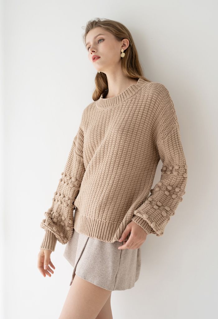 Bubble-Sleeve with Pom-Pom Detail Sweater in Tan - Retro, Indie and ...