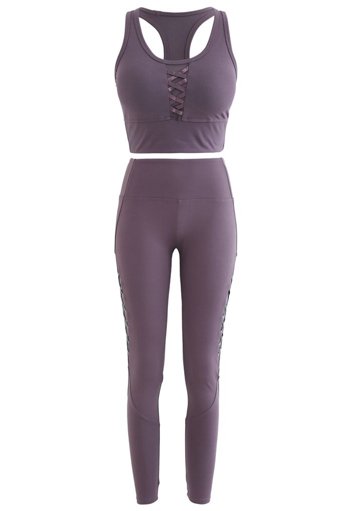 Mesh Panel Lace-Up Cropped Sports Bra and Leggings Set in Purple