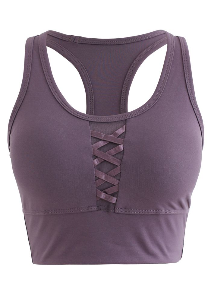 Mesh Panel Lace-Up Cropped Sports Bra and Leggings Set in Purple ...