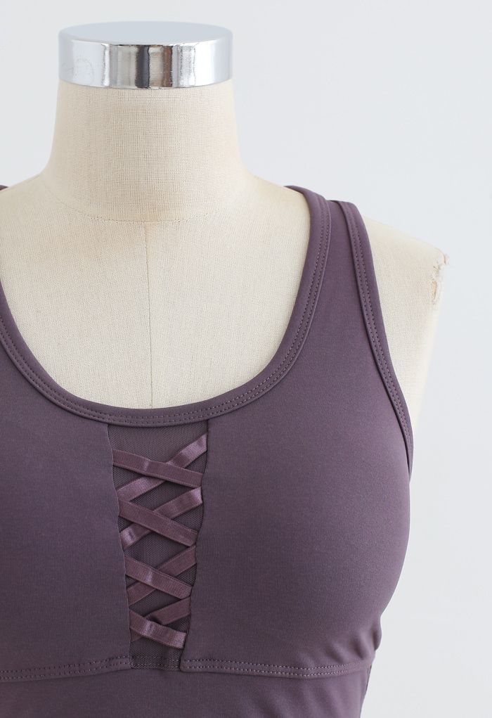 Mesh Panel Lace-Up Cropped Sports Bra and Leggings Set in Purple ...