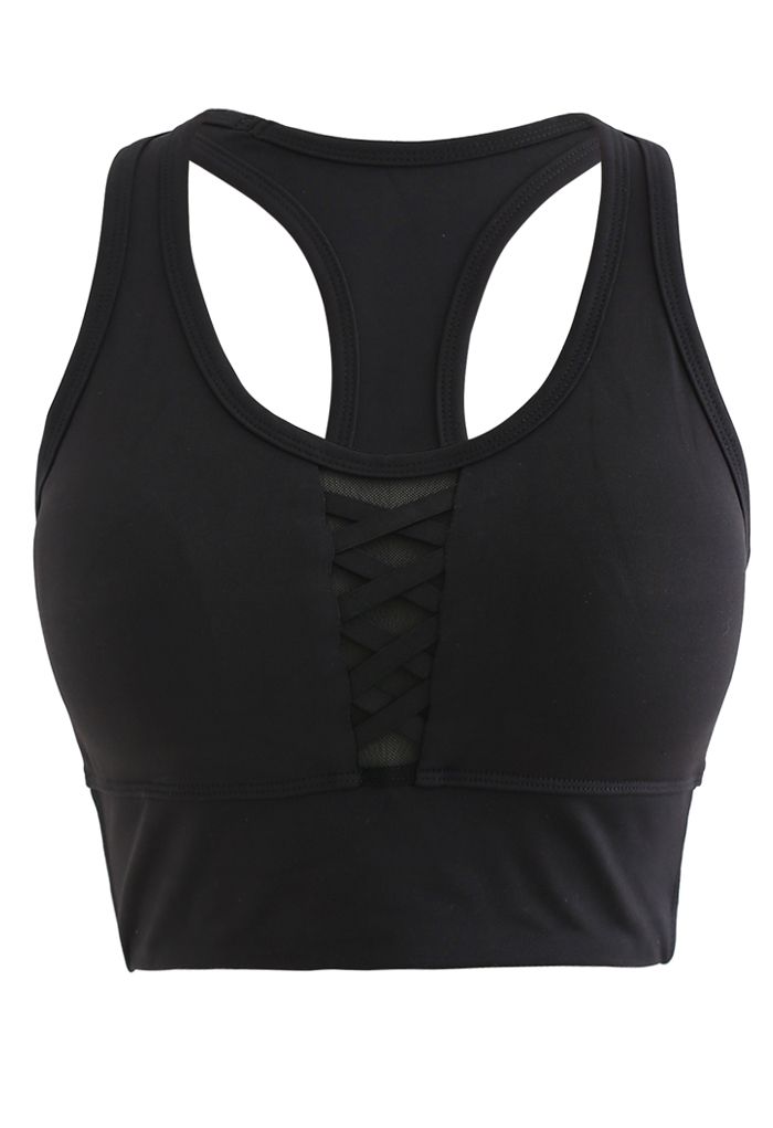Mesh Panel Lace-Up Cropped Sports Bra and Leggings Set in Black