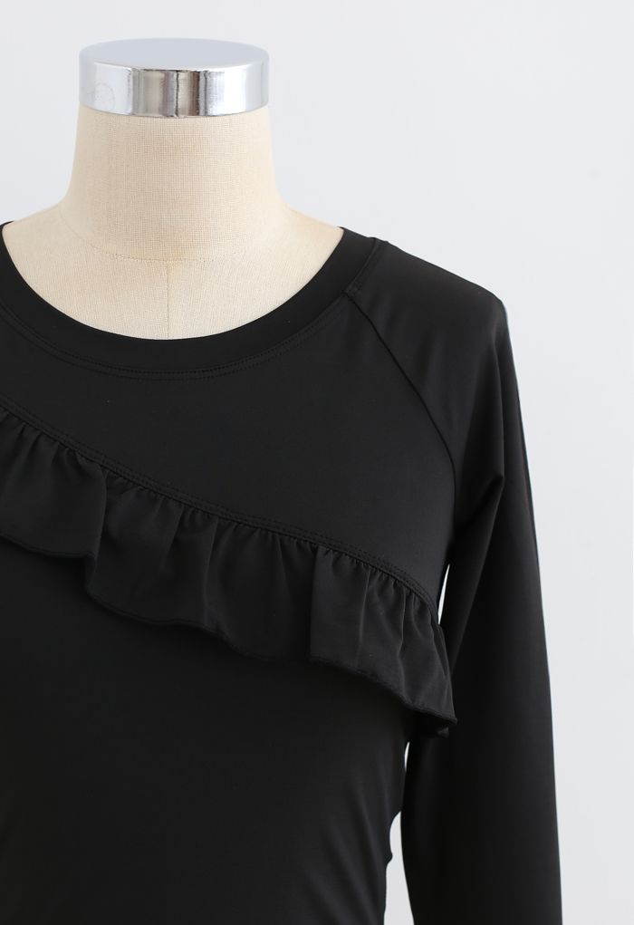 Ruffle Front Cropped Sports Top in Black