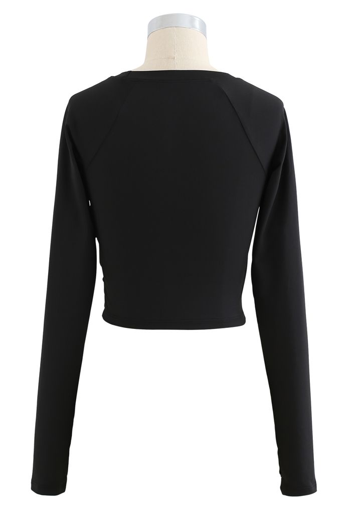 Ruffle Front Cropped Sports Top in Black