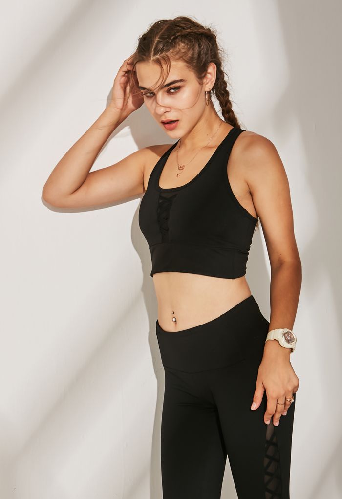Mesh Panel Lace-Up Cropped Sports Bra and Leggings Set in Black