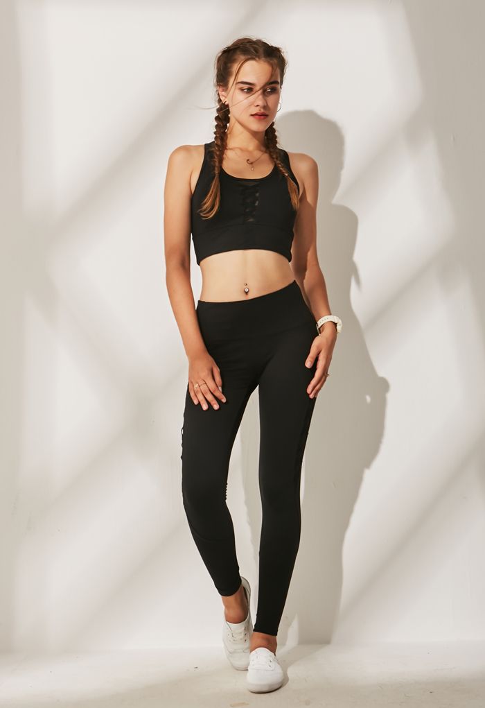 Mesh Panel Lace Up Cropped Sports Bra And Leggings Set In Black Retro Indie And Unique Fashion