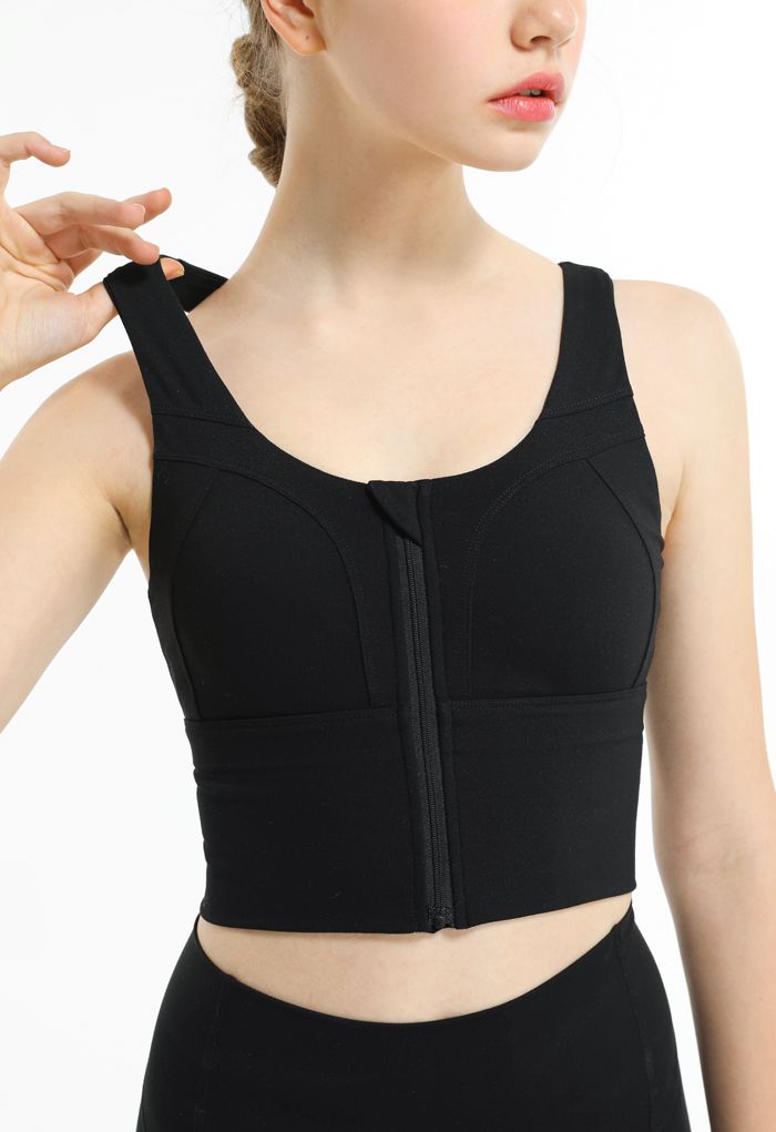 Cross Back Zipper Front Panelled Sports Bra in Black - Retro, Indie and ...