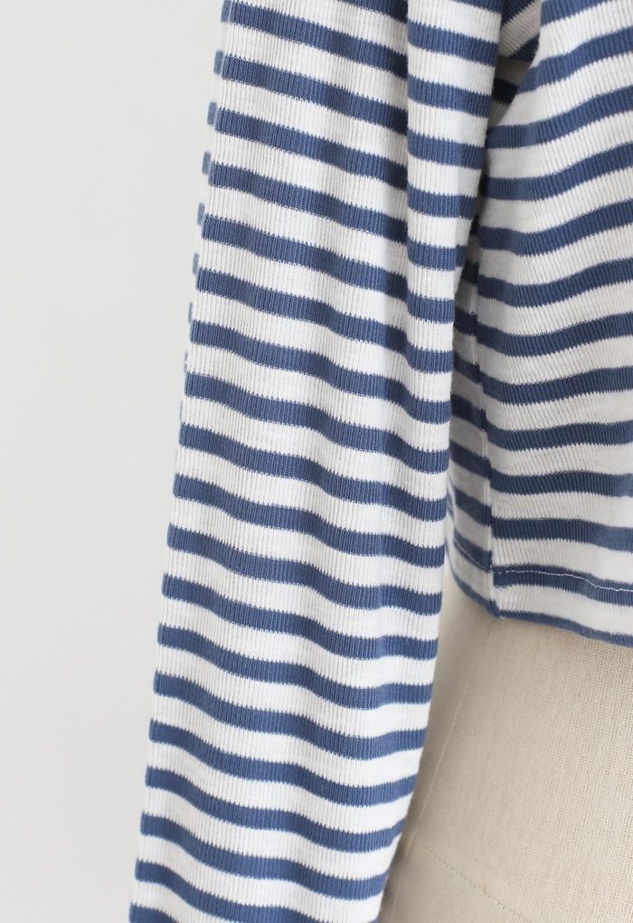 Cropped Long Sleeves Stripes Knit Top in Dusty Blue - Retro, Indie and ...