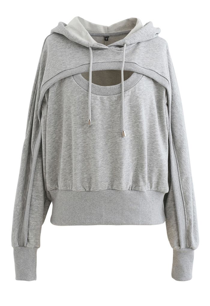 Spliced Cutout Hooded Cropped Sweatshirt in Grey - Retro, Indie and ...