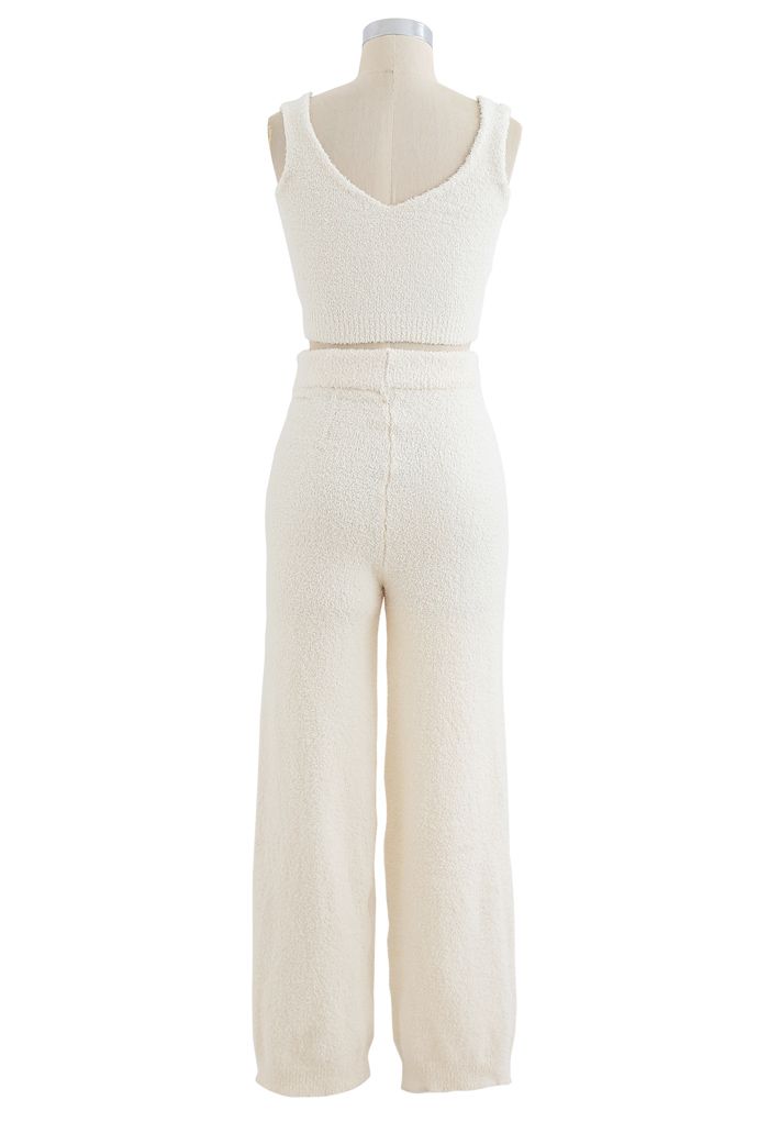 Fluffy Knit Crop Tank Top and Pants Set in Ivory