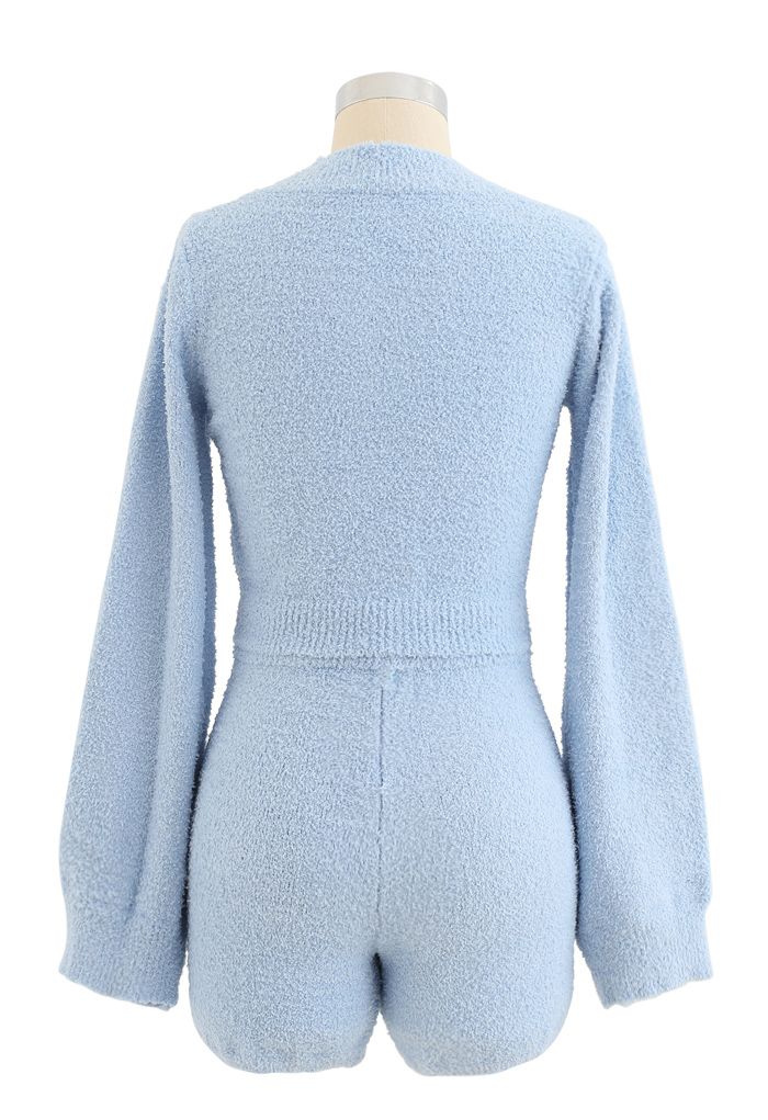 Fluffy Knit V-Neck Crop Top and Shorts Set in Blue - Retro, Indie and ...