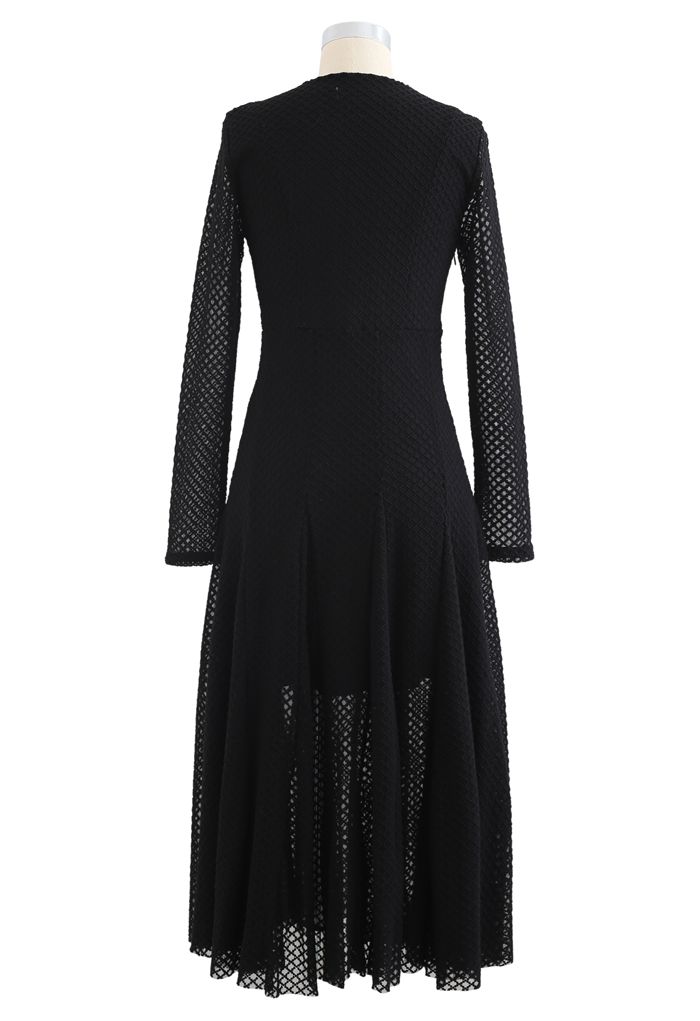 Textured Embroidery V-Neck Frilling Dress in Black - Retro, Indie and ...