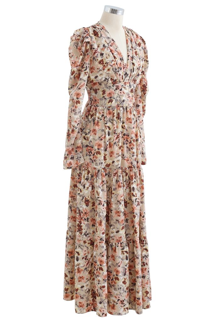 V-Neck Puff Shoulders Floral Maxi Dress in Sand - Retro, Indie and ...