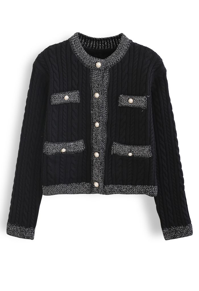Metallic Edge Button Down Cable Knit Cardigan in Black