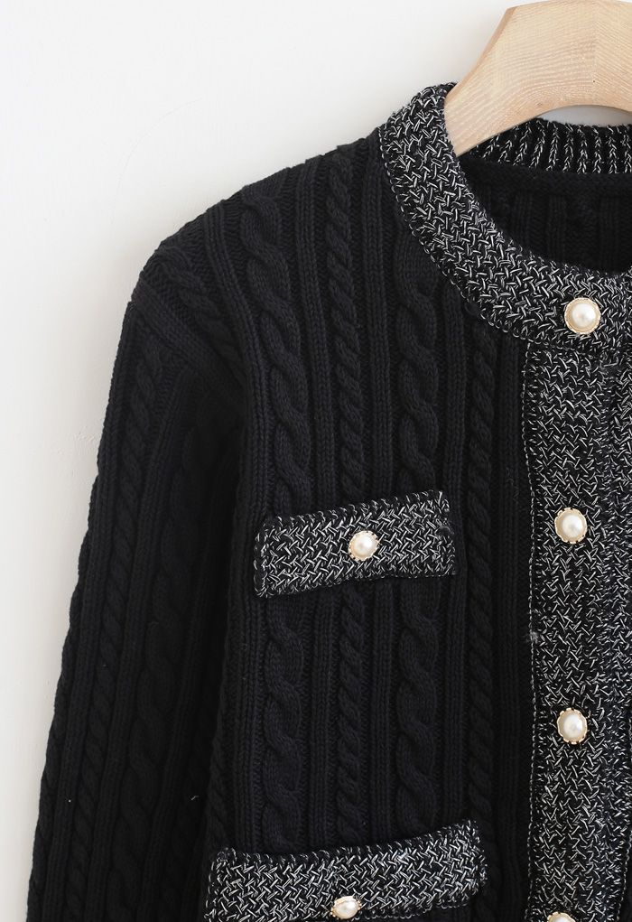 Metallic Edge Button Down Cable Knit Cardigan in Black