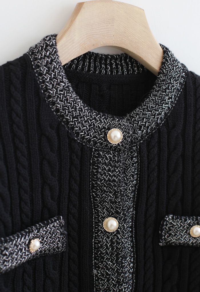 Metallic Edge Button Down Cable Knit Cardigan in Black - Retro, Indie ...