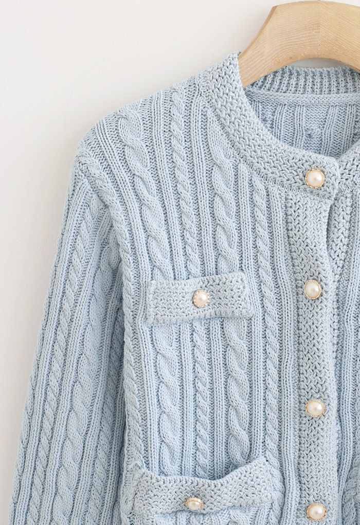 Metallic Edge Button Down Cable Knit Cardigan in Baby Blue - Retro ...