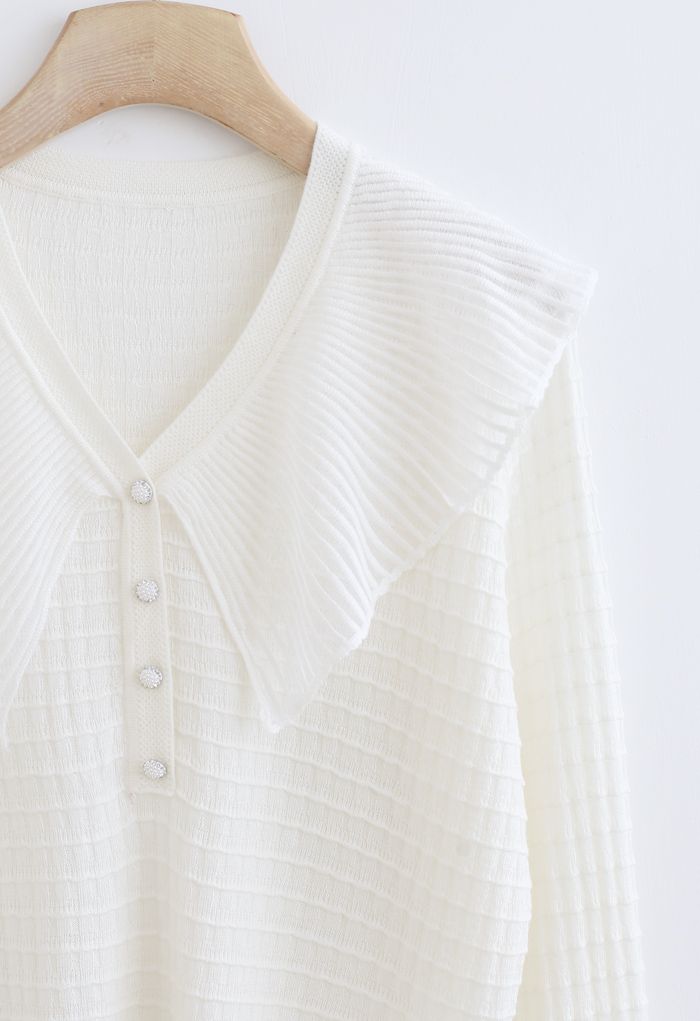 Mesh Collar Button Embossed Knit Top in White