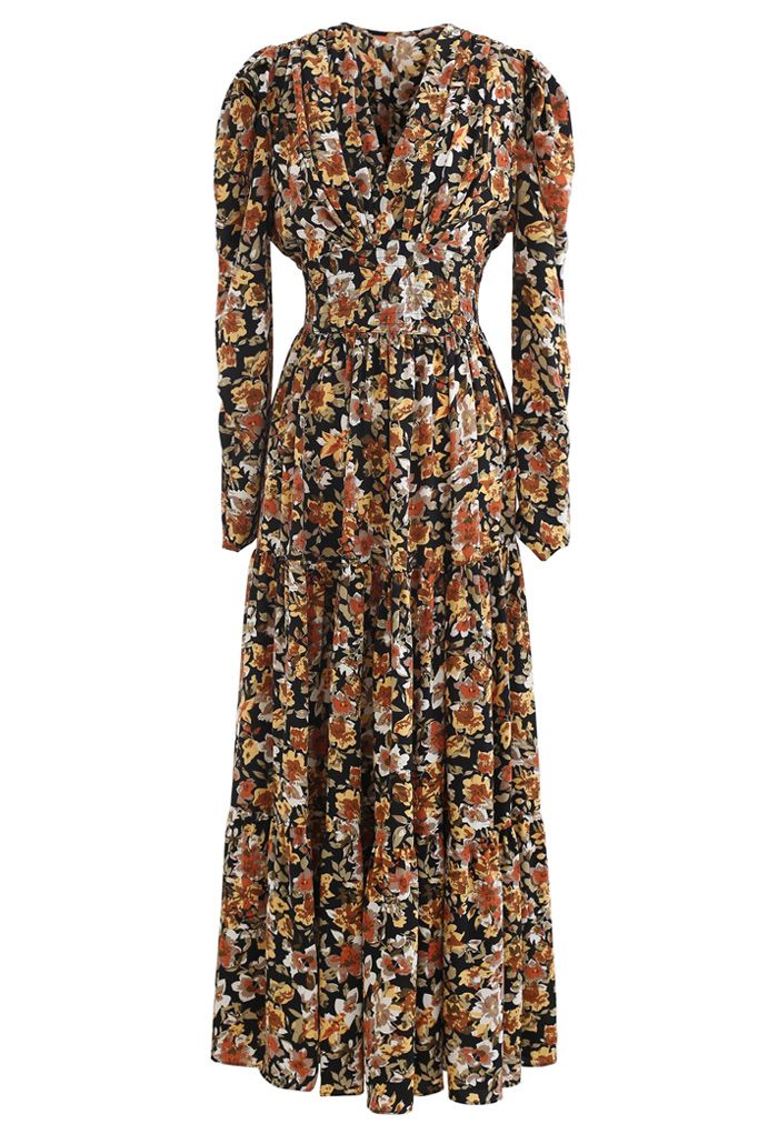V-Neck Puff Shoulders Floral Maxi Dress in Black - Retro, Indie and ...
