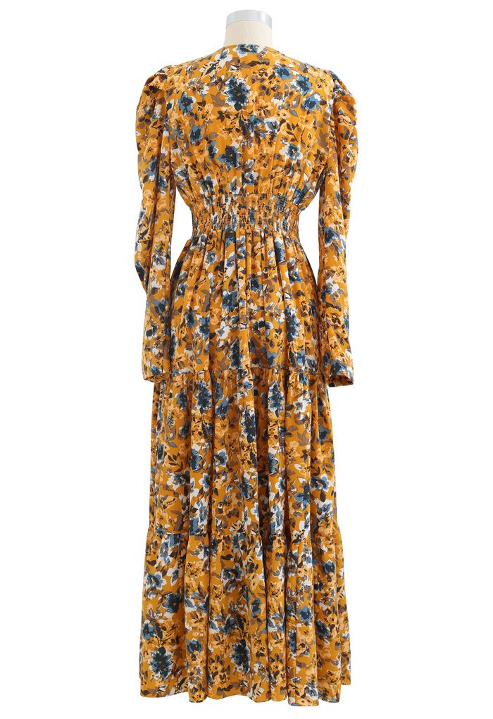 V-Neck Puff Shoulders Floral Maxi Dress in Mustard - Retro, Indie and ...