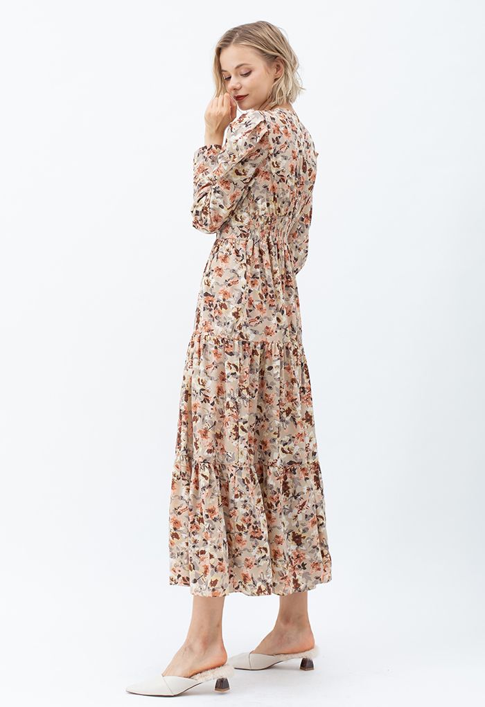 V-Neck Puff Shoulders Floral Maxi Dress in Sand - Retro, Indie and ...