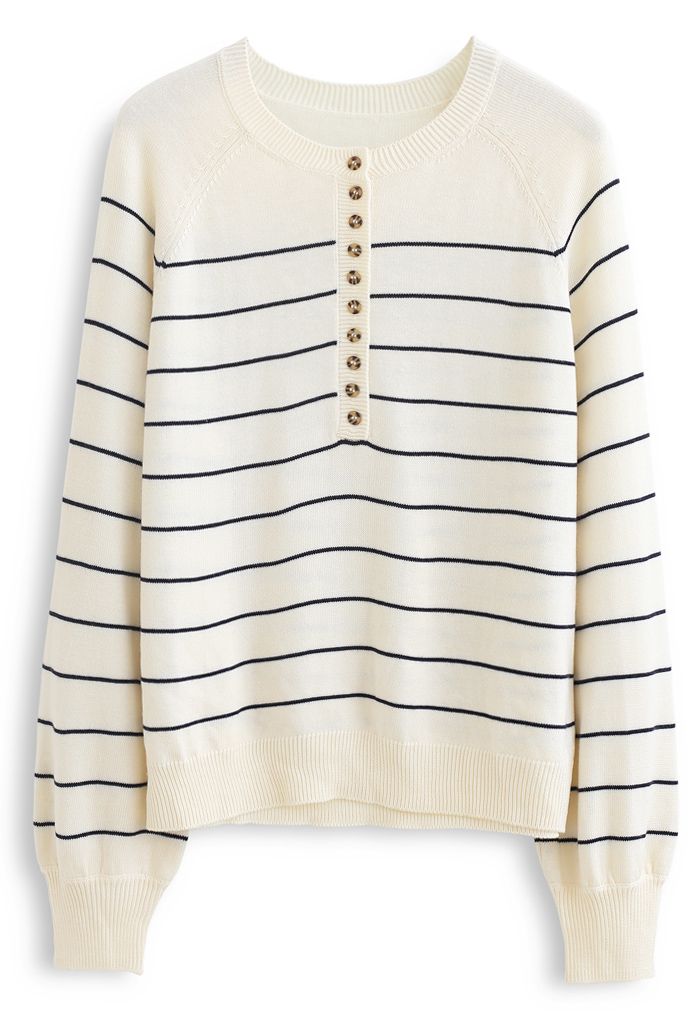 Striped Button Knit Sweater in Cream - Retro, Indie and Unique Fashion