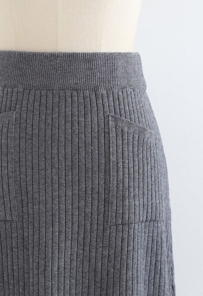 Two Patched Pockets Knit Skirt in Grey - Retro, Indie and Unique Fashion