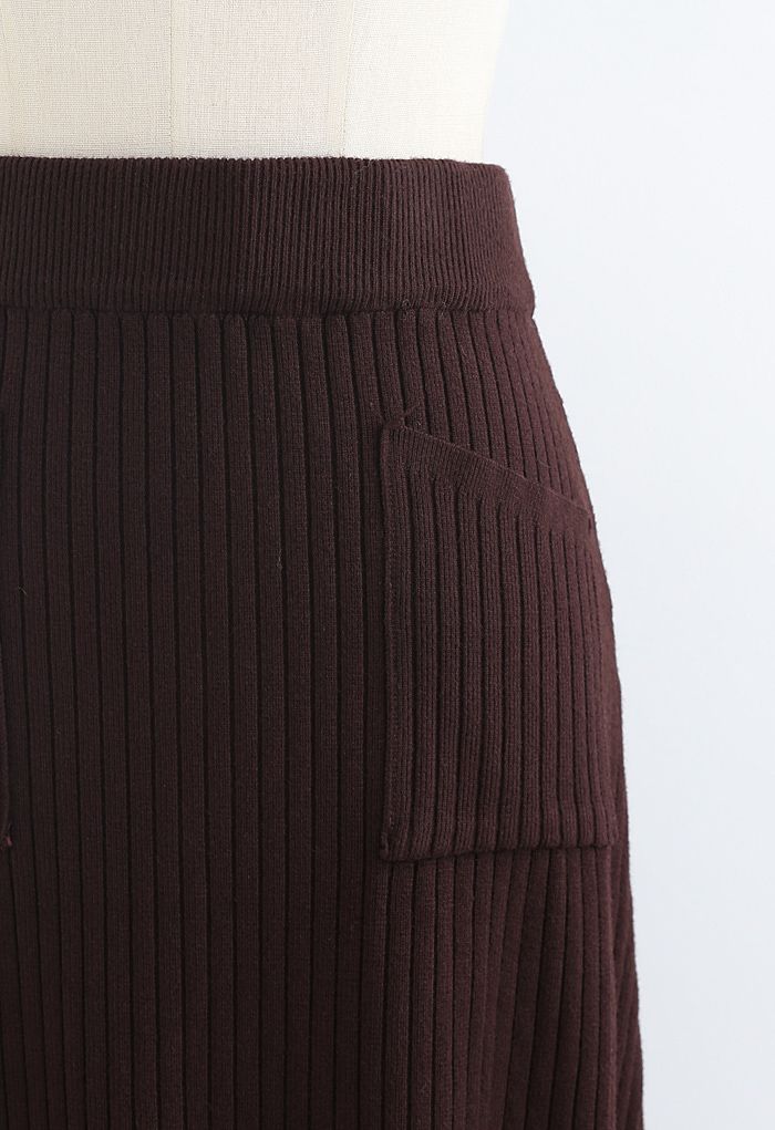 Two Patched Pockets Knit Skirt in Brown - Retro, Indie and Unique Fashion