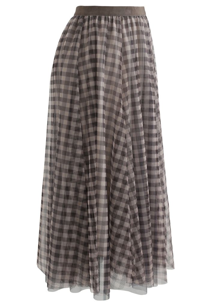Gingham Double-Layered Mesh Tulle Midi Skirt in Brown - Retro, Indie ...