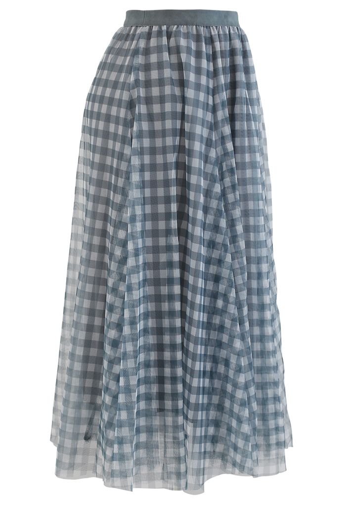 Gingham Double-Layered Mesh Tulle Midi Skirt in Green - Retro, Indie ...