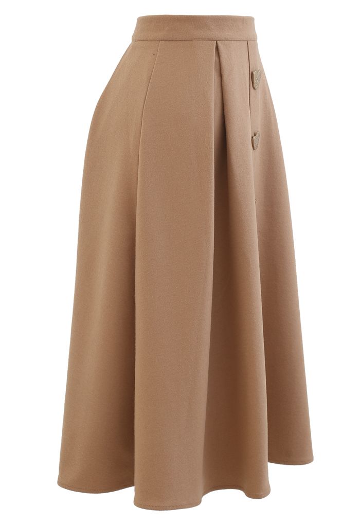 Heart Shape Button Embellished A-Line Midi Skirt in Camel - Retro ...