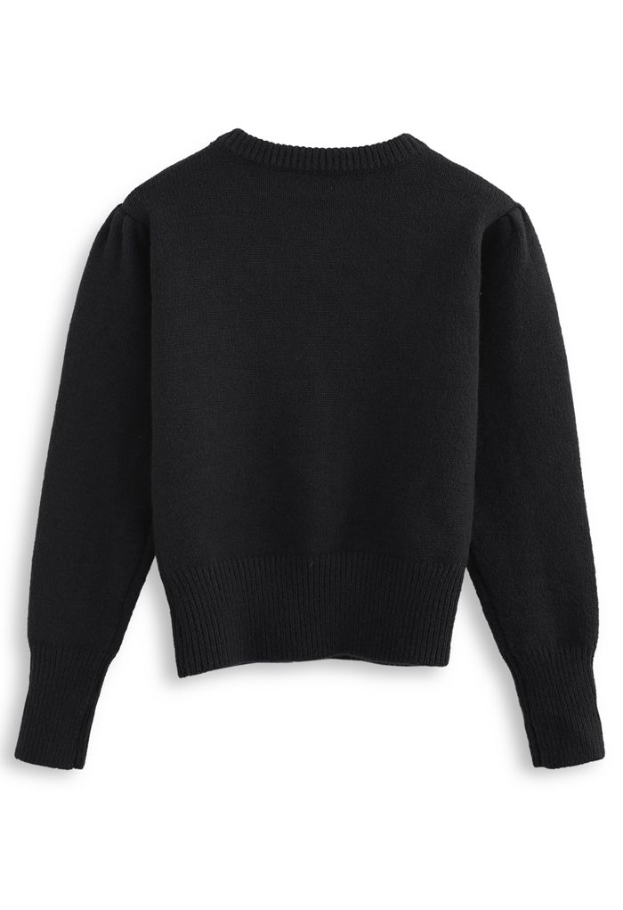Wavy Front Buttoned Knit Sweater in Black