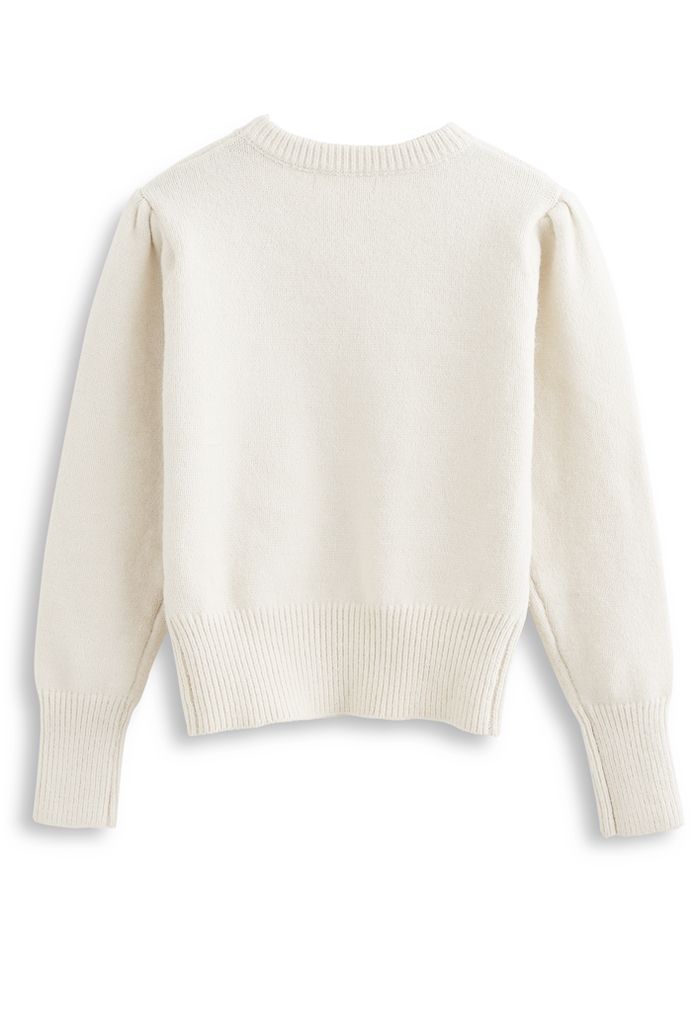Wavy Front Buttoned Knit Sweater in Cream