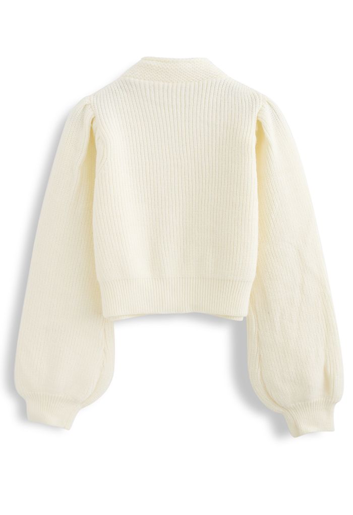 Crystal Button Puff Sleeves Crop Cardigan in Cream