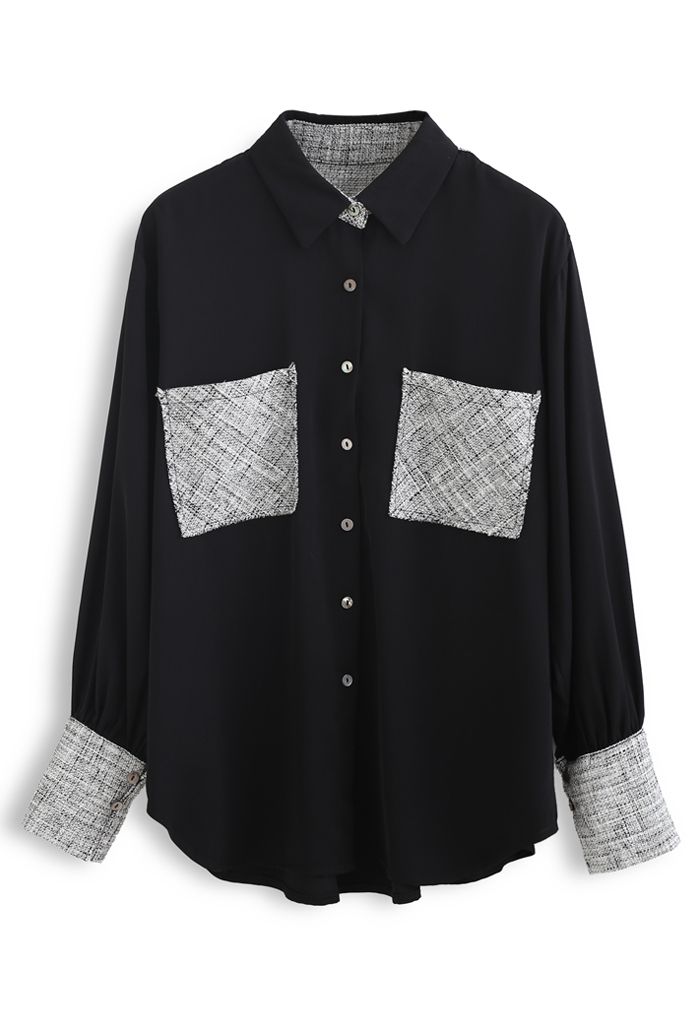 Textured Weave Spliced Buttoned Shirt in Black