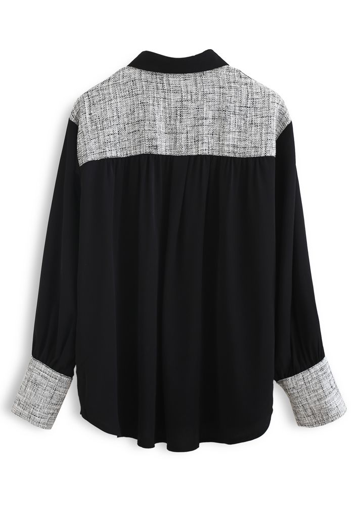Textured Weave Spliced Buttoned Shirt in Black