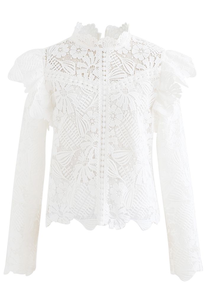 Panelled Sunflower Ruffle Crochet Top in White - Retro, Indie and ...
