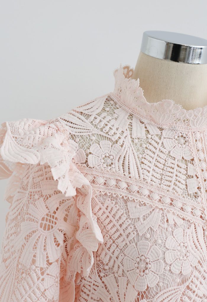 Panelled Sunflower Ruffle Crochet Top in Pink