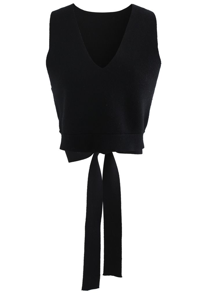 Bowknot Back V-Neck Crop Knit Vest in Black