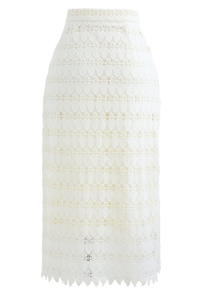 Scrolled Hem Full Crochet Pencil Skirt in Cream - Retro, Indie and ...