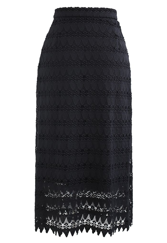 Scrolled Hem Full Crochet Pencil Skirt in Black - Retro, Indie and ...