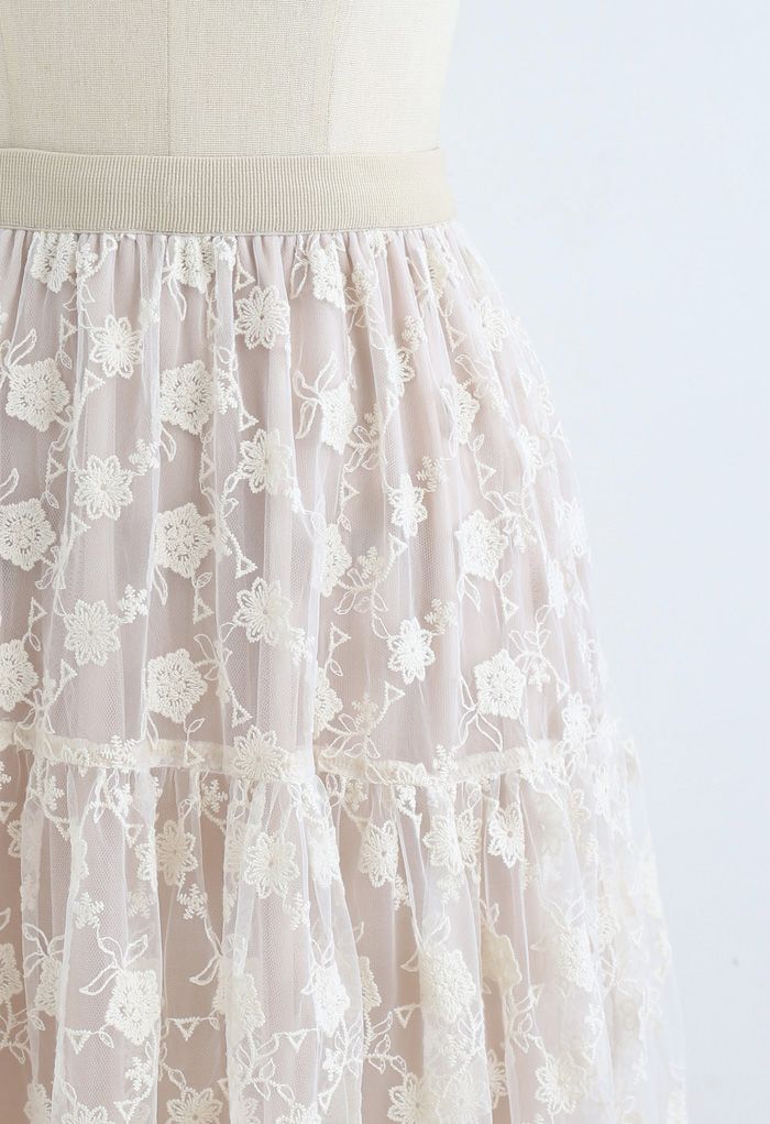 Floral Organza Overlay Mesh Midi Skirt in Cream - Retro, Indie and ...