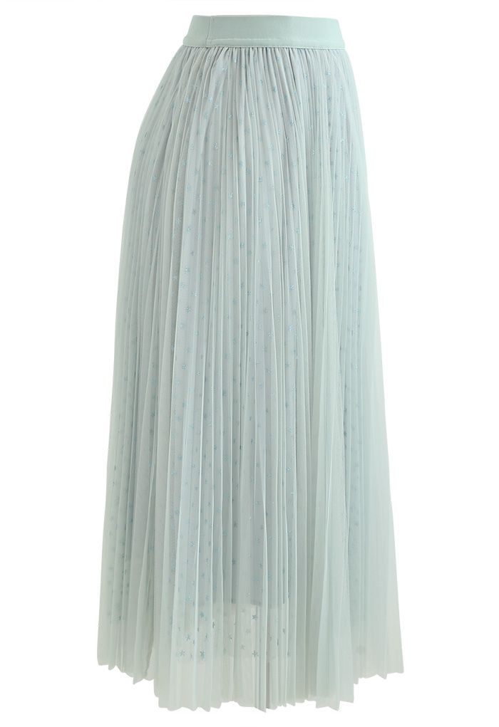 Starry Double-Layered Pleated Tulle Midi Skirt in Mint - Retro, Indie ...