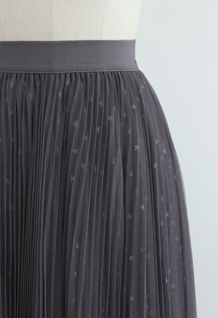 Starry Double-Layered Pleated Tulle Midi Skirt in Smoke